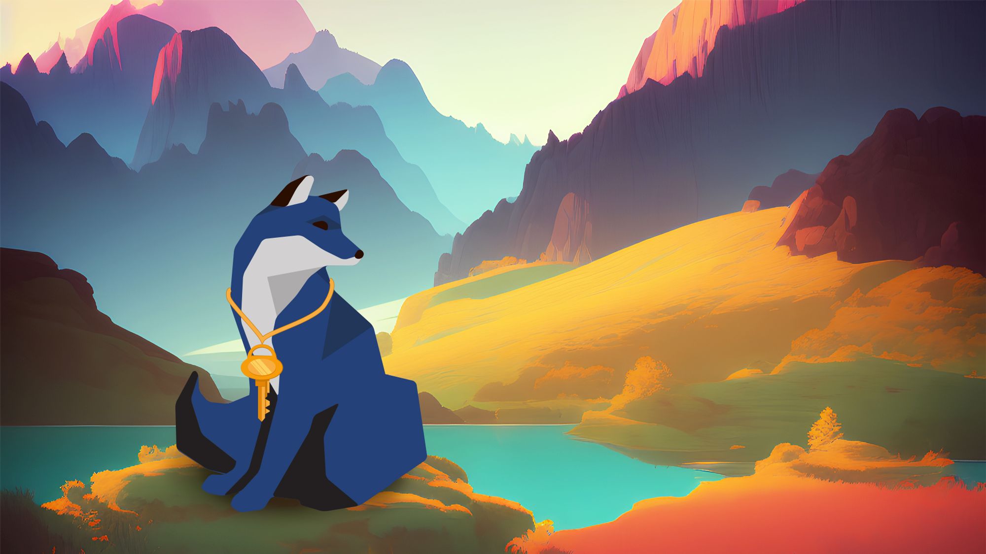 Fox sitting on a mountain with a gold key chain representing self-custody