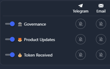 ShapeShift Wherever Notification UI showing Governance, Product Update, and Token recieved notification opt-ins