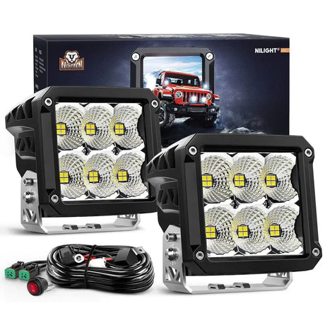 LED Work Light Nilight 2Pcs LED Pod Lights 120W 4 Inch Square 13500LM 120° Super Flood Light 14AWG DT Connector Wiring Harness Kit Offroad Driving Work Lights for Truck UTV ATV SUV 4x4, 5 Years Warranty