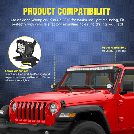 Mounting Accessory 52” Light Bar and Pod Light Windshield Frame Mounts For 2007-2017 Jeep Wrangler JK