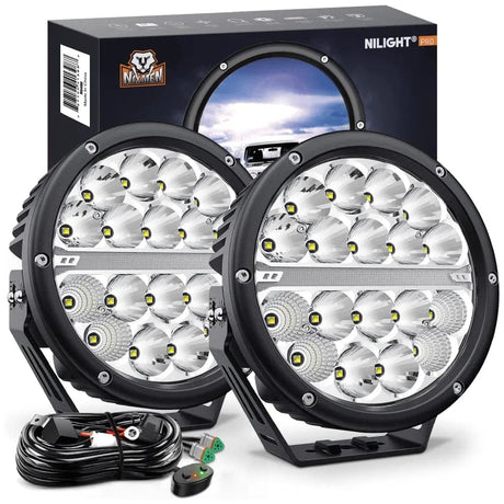 7 Inch 90W 9850LM Round Spot Flood Built-in EMC DRL LED Work Lights (Pair) | 12AWG DT Wire Nilight