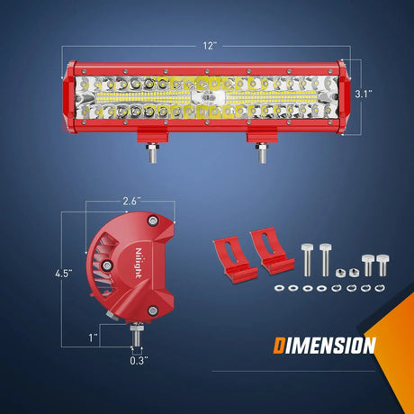 12" 300W Triple Row Red Case Spot/Flood LED Light Bars | 16AWG Wire 3Pin Switch Nilight