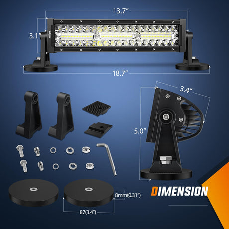 13.5 Inch 288W Triple Row 96LEDs Spot Flood LED Light Bar Kit | Cigarette Lighter 10FT Wire Magnet Bases Nilight