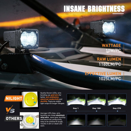 3 Inch 10W 1160LM Flood Built-in EMC LED Work Lights (Pair) | 18AWG DT Wire Nilight