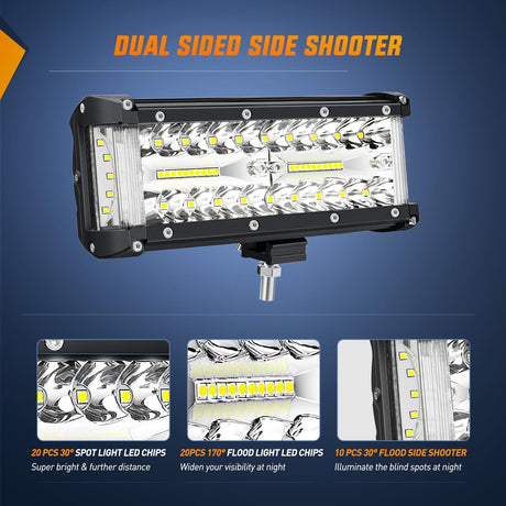 7 Inch 132W Side Shooter Triple Row Spot Flood LED Light Bars (Pair) Nilight