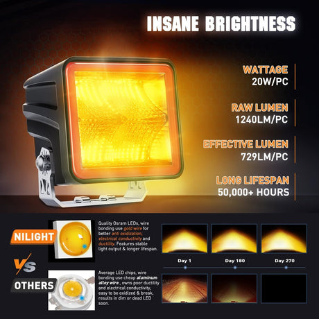 3 Inch 20W 1240LM Amber DRL Spot Cube LED Pods (Pair) | 16AWG DT Wire Nilight