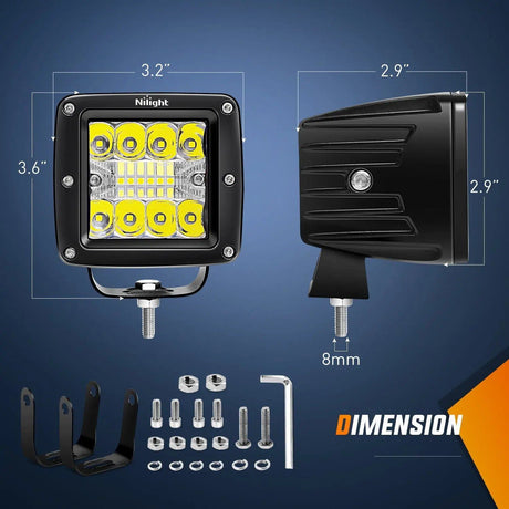 LED Light Bar 3" 42W Spot/Flood Square LED Pods (Pair) | 16AWG Wire 3Pin Switch