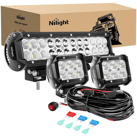 Light Bar Wiring Kit 12" 72W Double Row Spot/Flood Led Light Bar | 4" 18W Flood LED Pods (Pair) | 10FT Wire 3Pin Switch